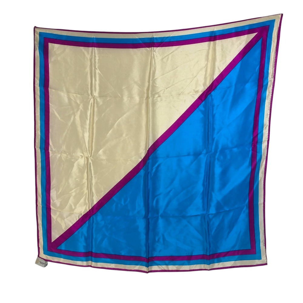 VTG Collection XIIX LTD Silk Scarf Made in Japan Blue Cream Colorblock Geometric